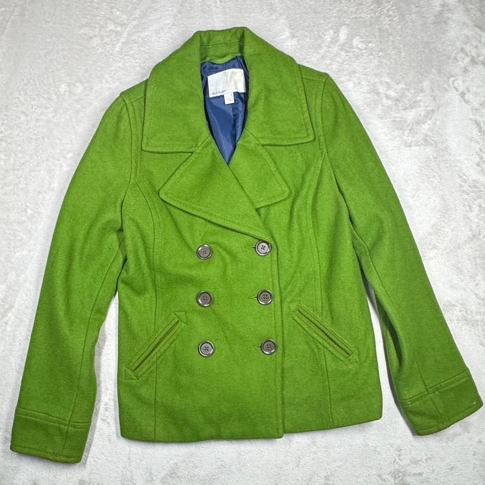 Vintage Old Navy Wool Blend Green Double Breasted Peacoat Collared Jacket Small